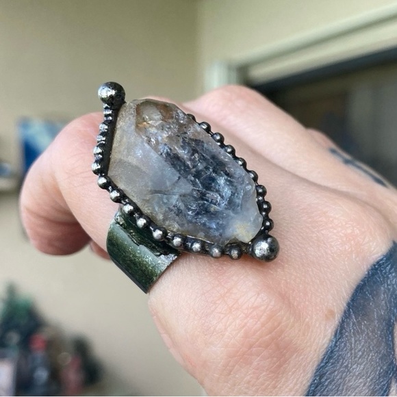 Natural phantom smokey crystal quartz gemstone adjustable ring boho goth - Picture 15 of 15